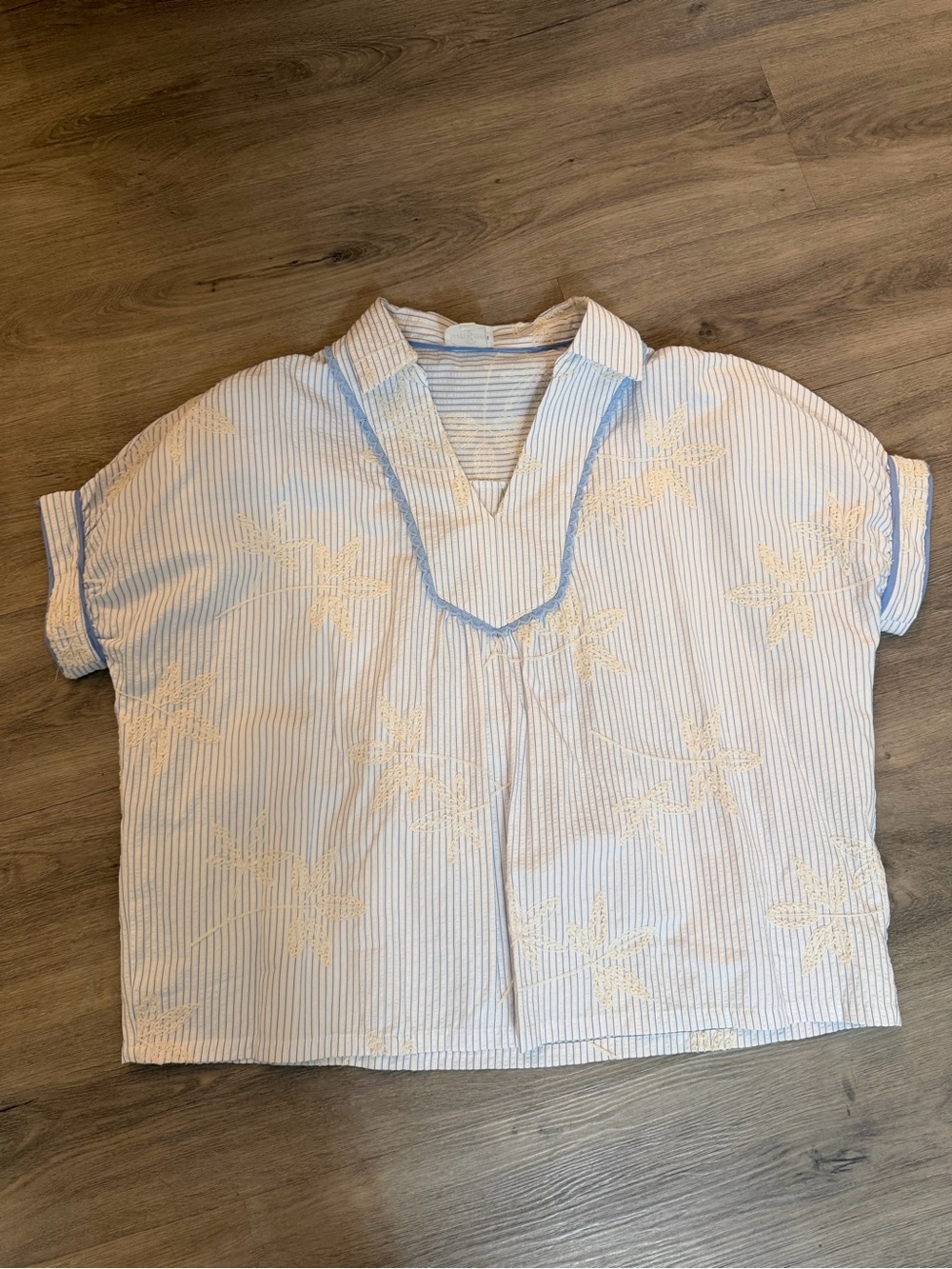 Umgee Blue & White Striped Embroidered V-Neck Blouse